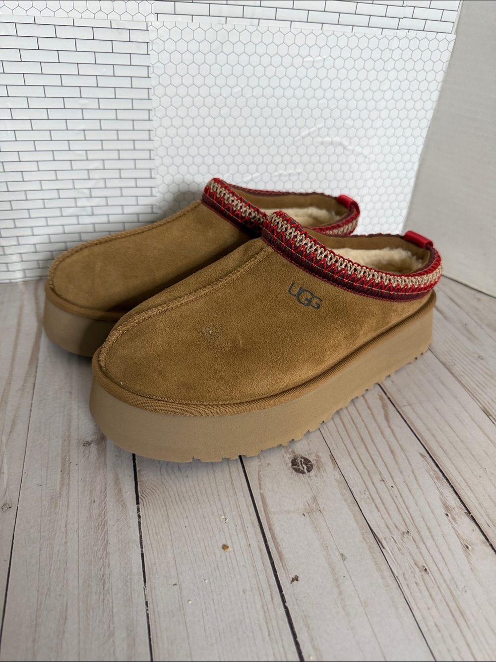 UGG Kids Chestnut Suede Slip-On Clogs with Red Trim